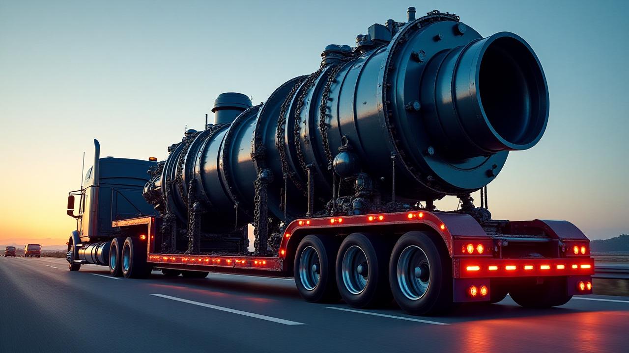 A Shimyer heavy haul truck transporting a massive industrial generator on a lowboy trailer