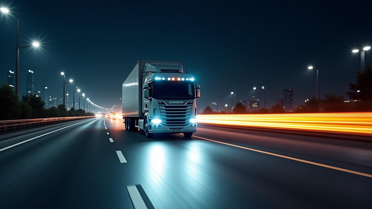 Expedited Shimyer hot shot truck moving at high speed on a dark highway