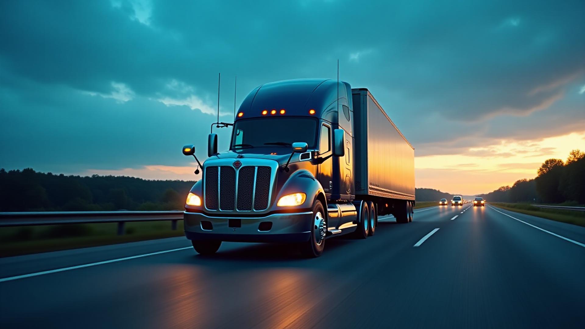 Modern Shimyer heavy haul truck on a Maryland highway at first light