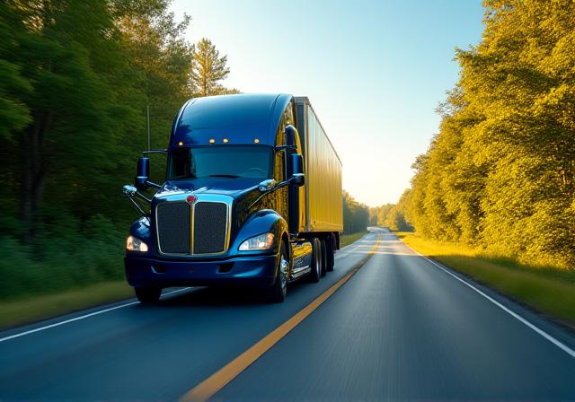 A modern aerodynamic Shimyer semi-truck driving through a lush Maryland landscape