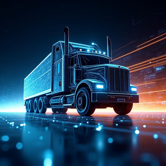 Futuristic digital representation of a heavy-duty truck with data HUD overlay